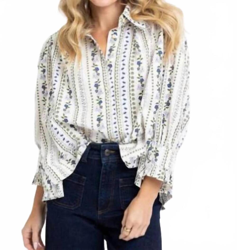 NEW KARLIE french floral button up puff sleeve top in white